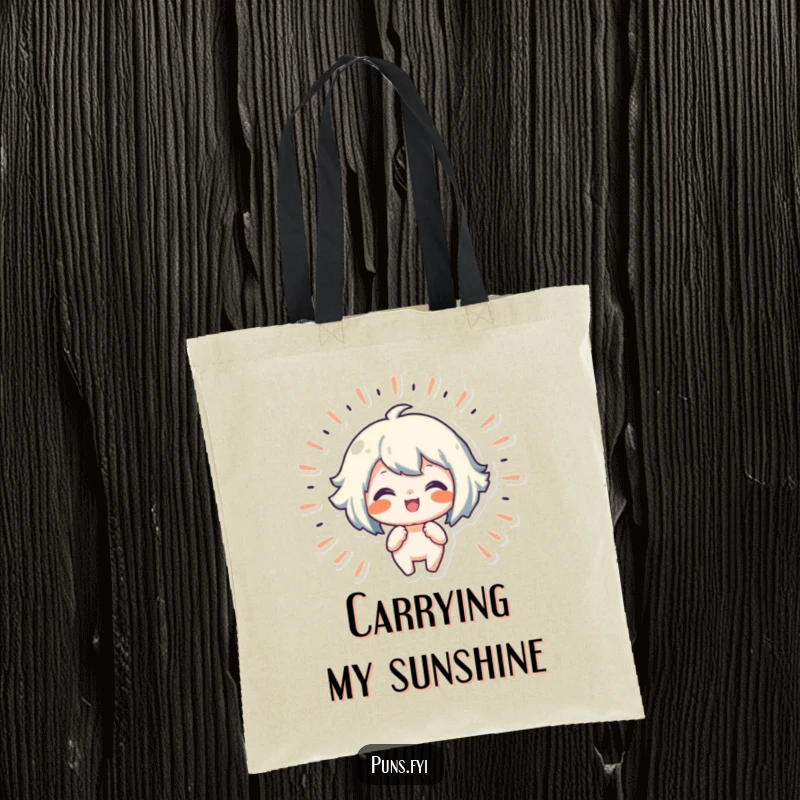 Funny tote bag featuring a character radiating lines of joy, perfect for carrying essentials with a happy vibe.