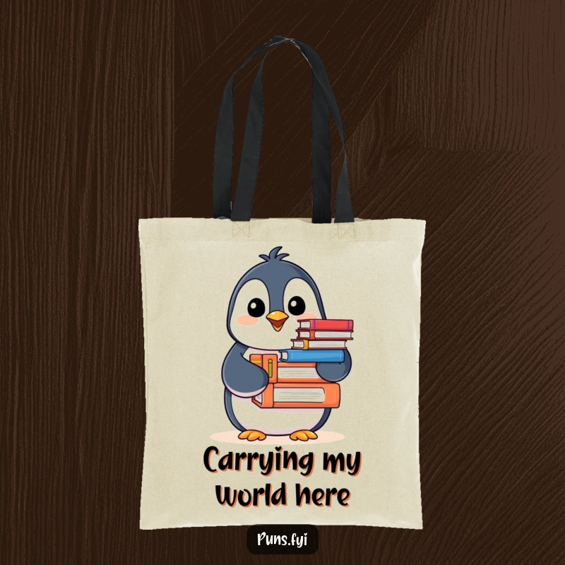 Funny Penguin Tote Bag illustration of a happy penguin nodding while holding a stack of books, perfect for bookish errands.