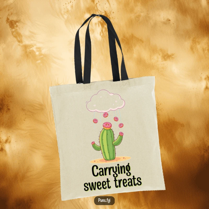 Funny tote bag showcasing a cloud raining small donuts onto a surprised cactus, carrying sweet humor with ease.