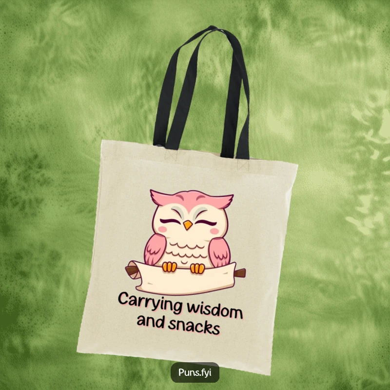 Funny kawaii owl tote bag showing a cute winking owl with an unrolling scroll, ideal for carrying books and notes.