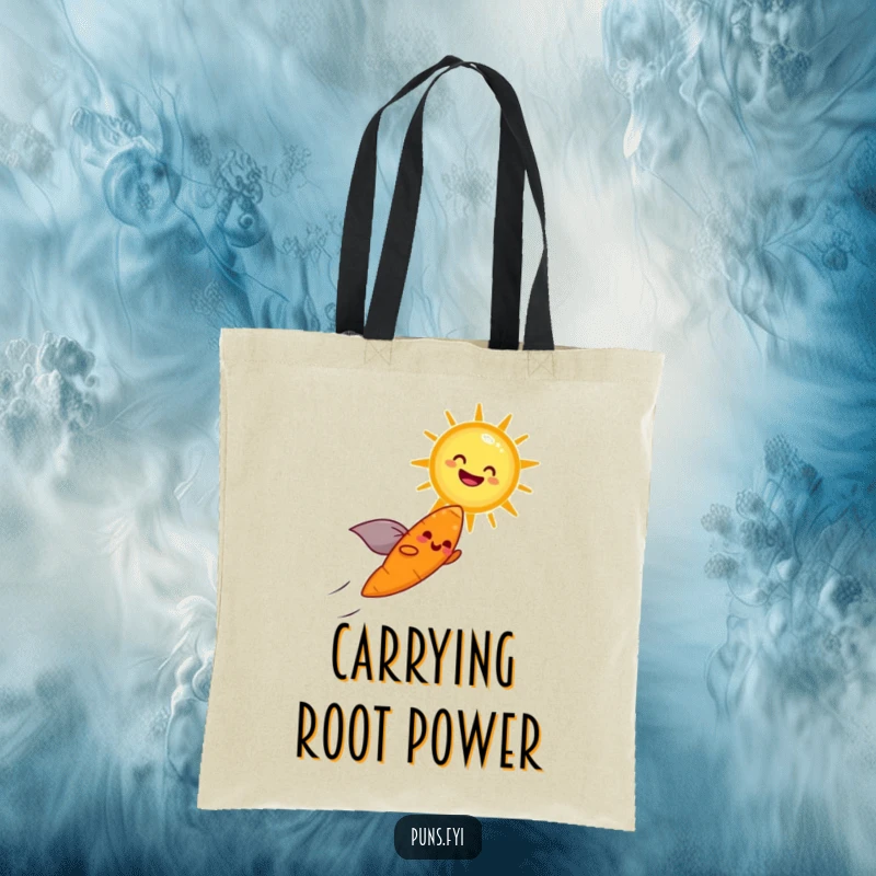 Funny tote bag with a cheerful carrot wearing a cape, flying towards a laughing sun, symbolizing joy and healthy living.