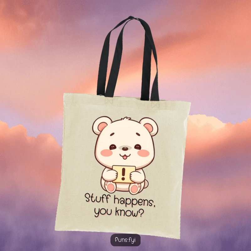 Funny kawaii bear with a playful grin holding an exclamation mark sign on a durable tote bag, perfect for a funny gift.