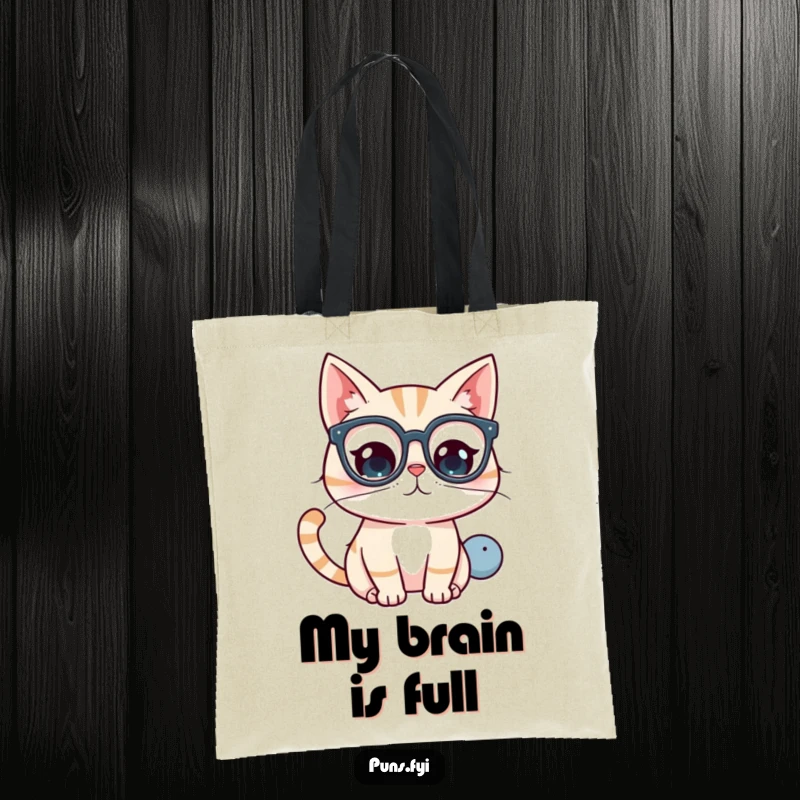 Funny kawaii cat with glasses, investigating a giant question mark on a tote bag.