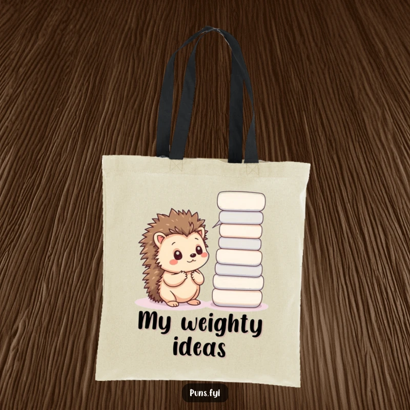 Funny tote bag with a thoughtful kawaii hedgehog and stacked word bubbles, ideal for carrying books and ideas.