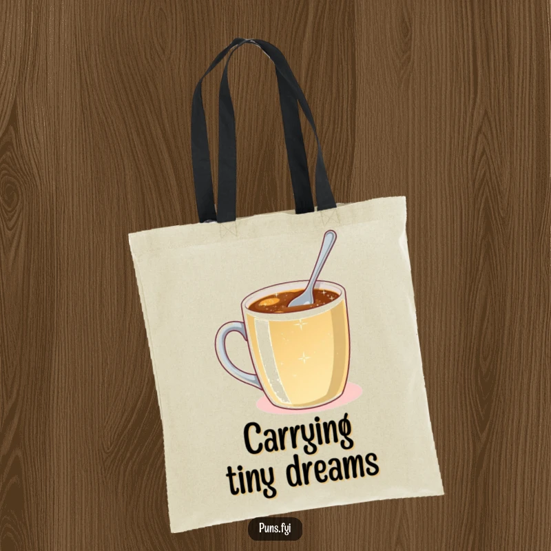 Funny tote bag featuring a tiny spoon attempting to stir a large coffee mug filled with sparkling liquid, symbolizing effort.