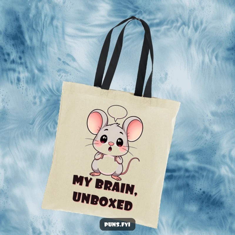 Funny tote bag featuring a kawaii mouse looking surprised, a speech bubble above its head, ideal for shopping or daily use.