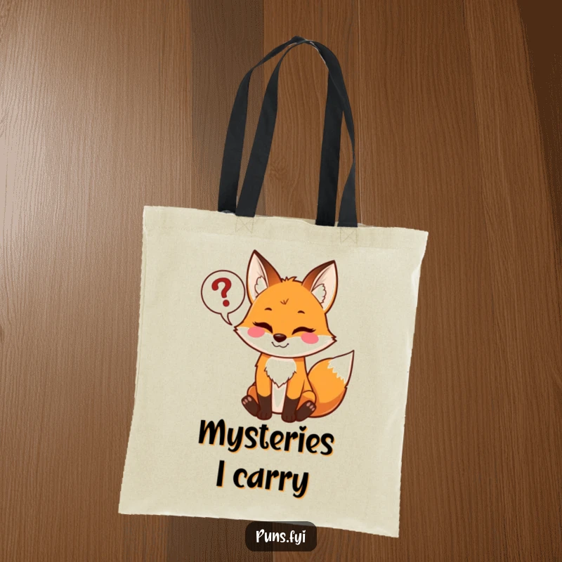 Funny tote bag with a mischievous fox grinning, holding a speech bubble full of question marks, perfect for daily use.