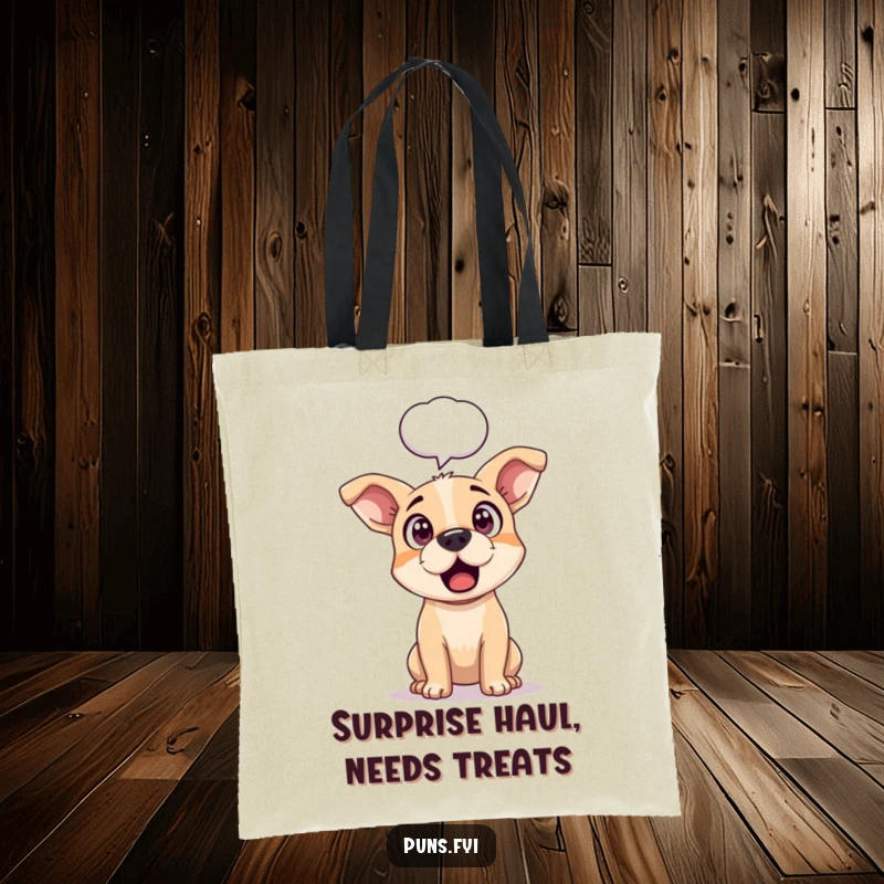Funny tote bag featuring a dog with perked ears and wide eyes, a prominent speech bubble above its head, conveying surprise.